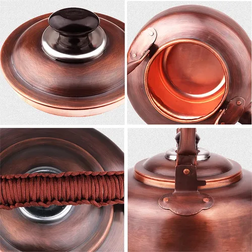 Vista 5 de QQXX Tetera silbante, tetera de cobre prémium para estufa, tetera rústica con mango ergonómico, funciona para todas las estufas
