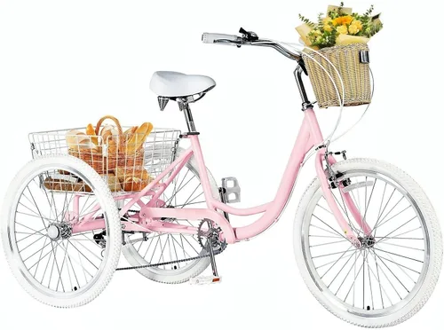 Vista 9 de Triciclos para adultos de 7 velocidades para adultos, bicicletas de 3 ruedas de 20/24/26 pulgadas con cesta delantera y trasera, triciclo