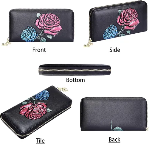 Vista 4 de FEITH & FELLY - Cartera con bloqueo RFID para mujer, de cuero grabado en relieve, talla única