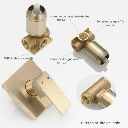 Vista 5 de Juego de llave de regadera dorada cepillada, sistema de regadera de lluvia para baño con cabezal de regadera de lluvia de acero inoxidable, kit