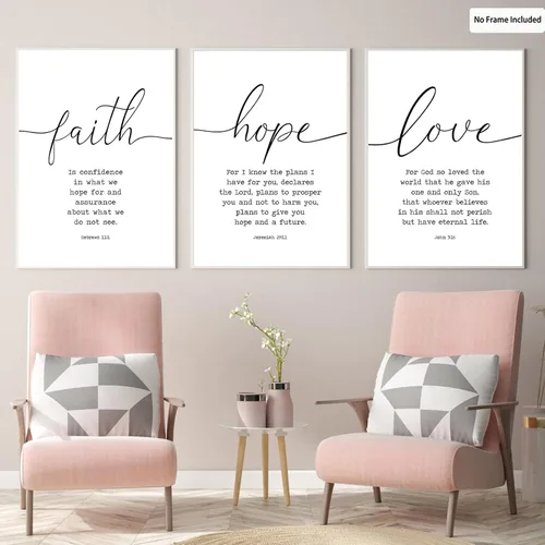 Vista 3 de Lienzo con versículo bíblico con citas de fe, esperanza, amor, decoración de pared, escritura, amor, arte de pared para sala de estar, arte de pared