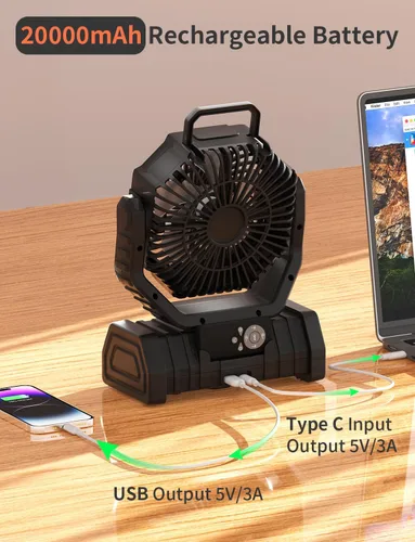 Vista 7 de Ventilador Operado por Batería Portátil Alimentado por Batería Ventilador para Tienda de Campaña al Aire Libre con Luz de Linterna LED 20000mAh