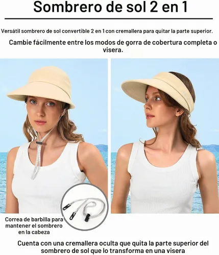 Vista 2 de Sombreros de sol para mujer, visera ancha con protección UV, doble propósito, para playa, verano, gorra plegable Beige