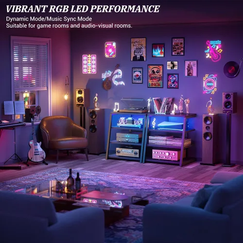 Vista 5 de Soporte multimedia AV de 4 niveles con tiras de alimentación, soporte estéreo con luces LED, torre de audio en rack con estantes ajustables, pequeño