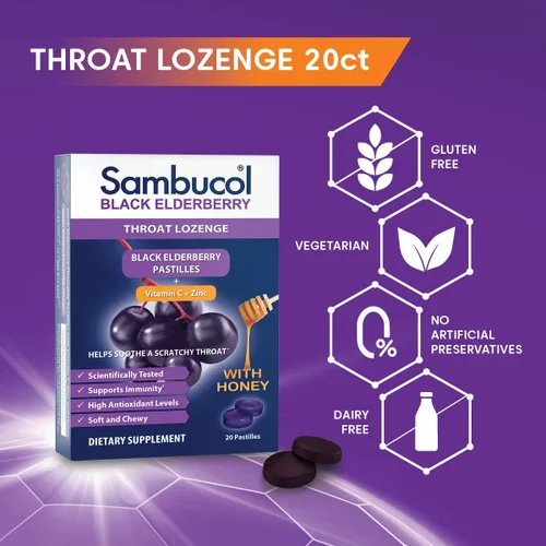 Vista 3 de Sambucol Pastilla negra de saúco para la garganta, gotas para el dolor de garganta con saúco negro, miel, vitamina C y zinc, alivio del dolor