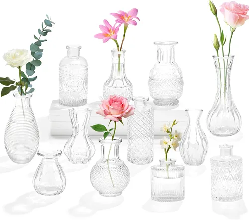 Vista 9 de KJHL Juego de 4 jarrones pequeños de cristal para flores, jarrones de flores pequeños transparentes vintage para centros de mesa de boda, mini