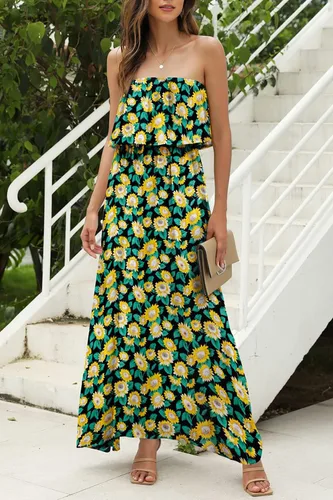 Vista 2 de ZMPSIISA - Vestido largo de verano con hombros descubiertos para mujer vestido largo sin tirantes, con volantes, color azul y blanco estilo bohemio