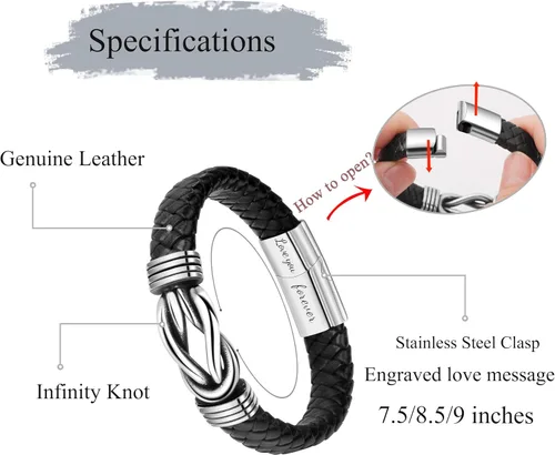 Vista 5 de Regalo para hombres, pulsera de cuero trenzado negro con infinito para hombres, papá, marido, novio, hijo, nieto, hermano, sobrino, tío