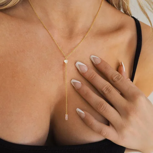 Vista 3 de VRIUA Gold Necklace for Women, Dainty Gold Necklace 14K Gold Plated Lariat Pearl Y-Shaped Necklace Layered Bead Chain Diamond Drop Necklaces