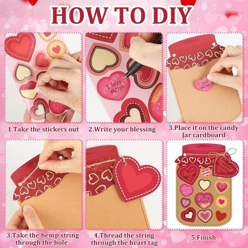 Vista 2 de Juego de 30 tarjetas de regalo para el día de San Valentín, tarro de San Valentín, kit de manualidades con calcomanías de corazón, haz tu propia