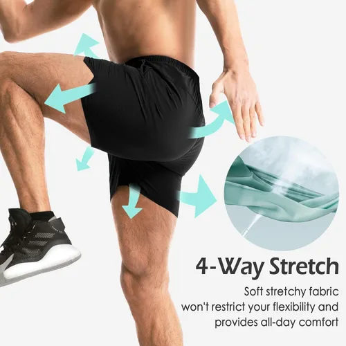 Vista 2 de Aolesy Pantalones cortos de gimnasio para hombre, de secado rápido, de 5 pulgadas, con bolsillos con cremallera, pantalones cortos deportivos