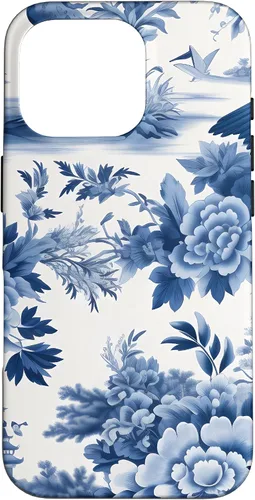 Vista 20 de iPhone 16 White and blue Chinoiserie Botanical Floral Bird Classic Case