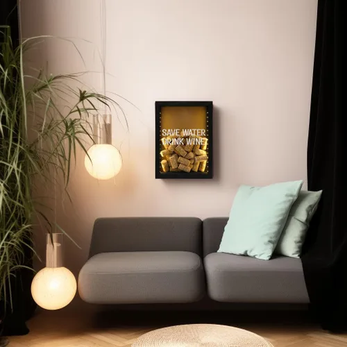 Vista 6 de Caja de sombra de madera rústica negra de 8"X11" con luces, vitrina iluminada con LED para corchos de vino, boletos y exhibiciones creativas
