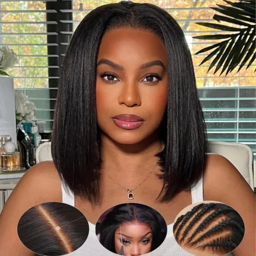 Vista 61 de KLAIYI Peluca de cabello humano con encaje frontal precortada 7x5, corte Bob en capas, corte romo, cordón sin pegamento, peluca predepilada