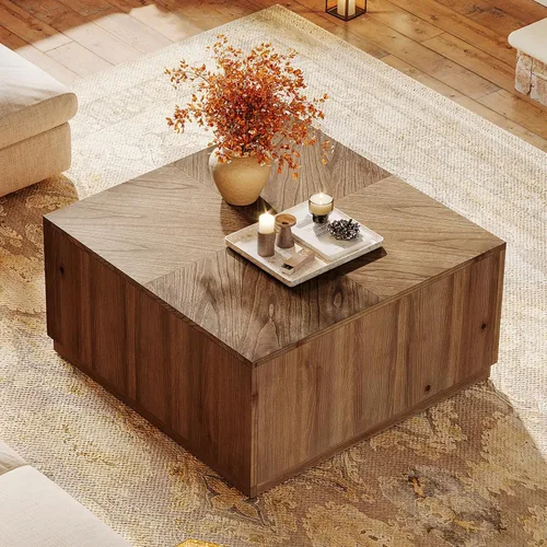 Vista 5 de Mesa auxiliar cuadrada de 31.5 pulgadas para sala de estar, mesa de cóctel central de madera maciza con parte superior de parquet, fácil montaje