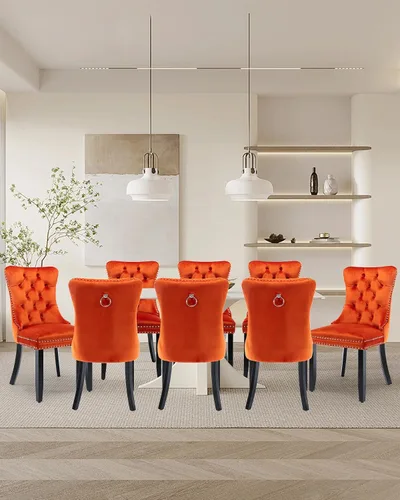 Vista 25 de Juego de 2 sillas de comedor de terciopelo con patas de madera, color beige Mid Century Modern Dining Chairs,Upholstered Chairs with Nailhead