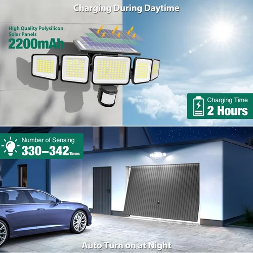 Vista 11 de Luces solares para exteriores, 4000LM con 5 cabezas, sensor de movimiento, 236 LEDs, 3 modos, luces de pared de seguridad IP65 impermeables, luces