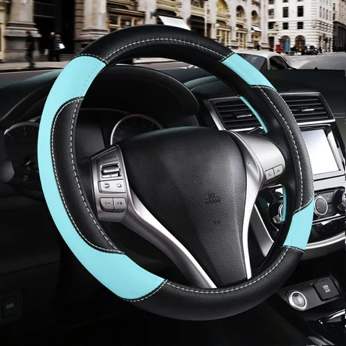 Vista 9 de Funda de cuero para volante de auto, protector antideslizante para volante de auto de cuero de microfibra transpirable, ajuste universal