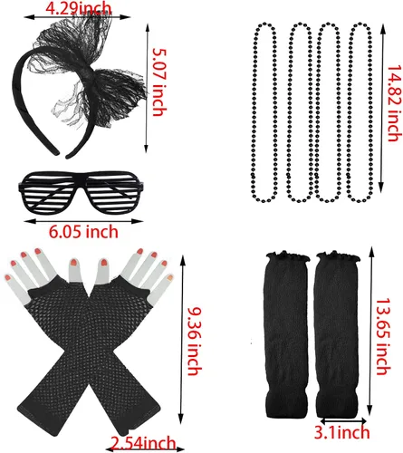 Vista 5 de jiebor Accesorios de disfraz de los años 80 para niñas, falda tutú, calentadores de piernas, guantes de red, obturador, diadema de cristal, collar