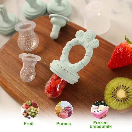Vista 2 de Juego de alimentador de frutas para bebés, alimentador de alimentos frescos de silicona sin BPA con 3 tetinas de repuesto, alimentador de dentición