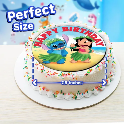 Vista 2 de Decoración para tarta de Lilo y Freind de 7.5 pulgadas – Decoración redonda comestible para tarta de cumpleaños, pastel de cumpleaños