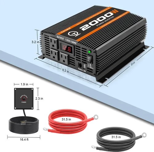 Vista 3 de Inversor de corriente para automóvil de 2000 vatios, 12 V a 110 V/120 V, inversor para automóvil, camión, semirremolque, vehículos, camping, con 1