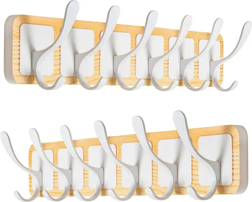 Vista 12 de SKOLOO Perchero de pared estilo escandinavo con 6 ganchos tallados en bloque de madera, colgador de pared para abrigos, sombreros, ropa, bufandas