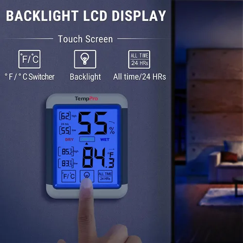 Vista 3 de ThermoPro TP55 - Higrómetro digital de interior, termómetro de 4 pulgadas con pantalla táctil y retroiluminación, termómetro de habitación / medidor