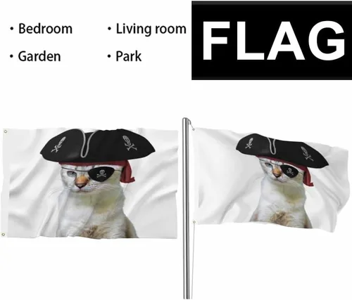 Vista 6 de Swono Bandera de pirata de gato – 3 x 5 pies divertida calavera de animal con los ojos vendados bandera triangular capitán gatito capitán