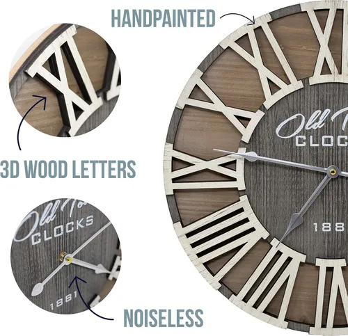 Vista 2 de Reloj de pared rústico de madera romana de 30 pulgadas, manecillas plateadas (letras de madera blanca, 30 pulgadas)
