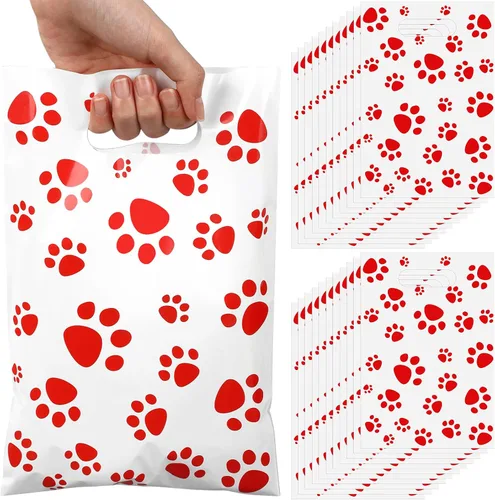 Vista 21 de Pasimy 100 bolsas de regalo de pata de perro a granel, diseño de pata de mascota, bolsas de plástico con asa para decoración de fiesta de cumpleaños