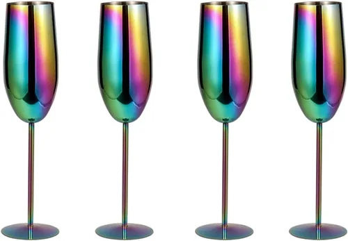Vista 13 de Copas de champán de acero inoxidable, juego de 4 copas de vino irrompibles de 9.5 onzas, copas elegantes de tallo para tostadas a mano, para bodas