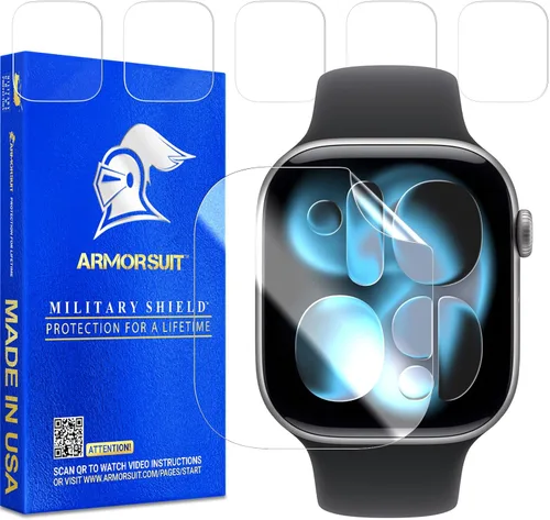 Vista 9 de ArmorSuit Paquete de 6 protectores de pantalla para Apple Watch Series 9/8/7 (1.614 pulgadas) Dry-Shield HD Clear TPU Dry Installation Film