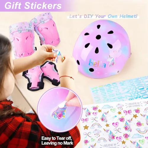 Vista 3 de Casco para niños, casco de bicicleta para niños pequeños con pegatinas DIY Unicornio, rodilleras y coderas ajustables, juego de protección para Rosa