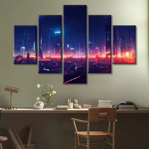 Vista 198 de Cuadros de 5 paneles de Cyberpunk City, arte de pared, representación de vallas publicitarias, edificios modernos en la capital con obras de arte