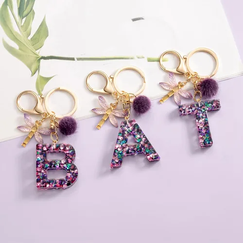 Vista 3 de SELOVO Llavero de libélula morada con letra inicial mayúscula para mujeres y niñas