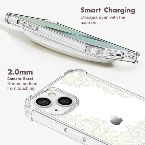 Vista 7 de Funda de cristal para iPhone 11 Pro (2019) de 5.8 pulgadas, bonita funda protectora transparente, diseño floral de encaje blanco [no amarillento]