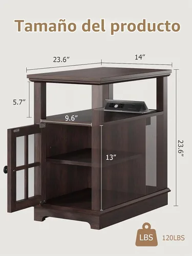 Vista 3 de HIFYOBRO Mesa auxiliar estrecha con estación de carga, diseño abatible, puertos y tomas de corriente tipo C y USB, estante ajustable para Marrón