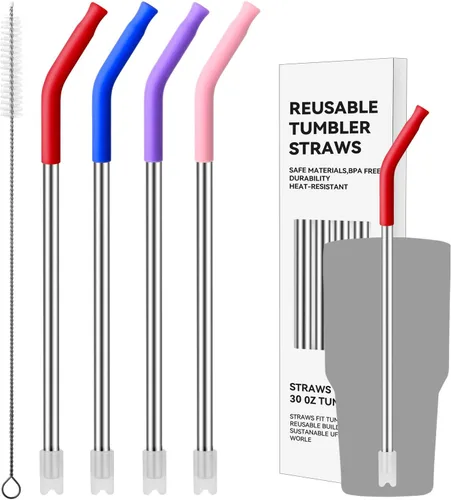 Vista 17 de 4 popotes de acero inoxidable reutilizables para vaso Yeti de 20 onzas, pajitas de metal con puntas de silicona para vaso Stanley de 20 onzas y vaso