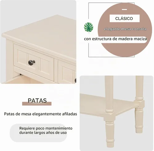 Vista 5 de P PURLOVE Mesa consola estrecha antigua, mesa de entrada delgada para sofá con 3 cajones de almacenamiento para sala de estar, entrada Beige