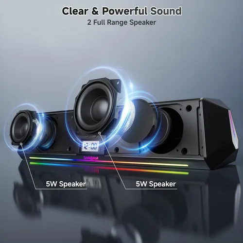 Vista 2 de SOULION R80 Altavoces de computadora Bluetooth, USB Plug & Play Altavoces de PC con pantalla de reloj digital, barra de sonido transparente