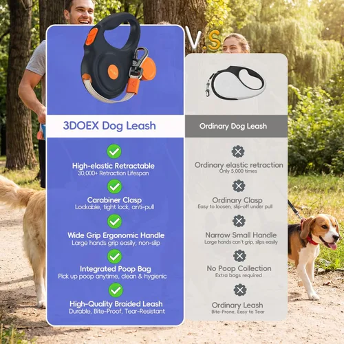 Vista 3 de Correa retráctil de 10 pies para perros pequeños y medianos, cinta de nailon resistente con mosquetón de bloqueo seguro y soporte para bolsa