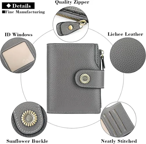 Vista 5 de FALAN MULE Cartera pequeña para mujer, de piel, plegable, compacta, pequeña, con bloqueo RFID, Gris oscuro, Casual