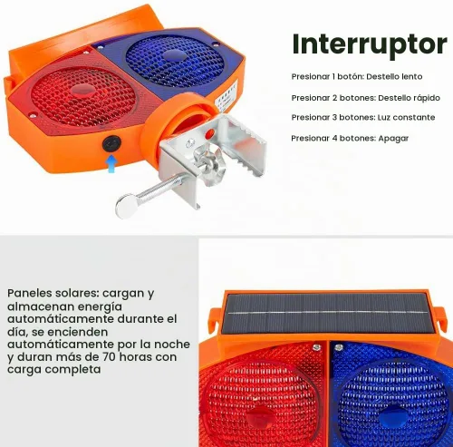 Vista 7 de Luz solar estroboscópica de advertencia, 3 modos de funcionamiento, luces de tráfico intermitentes rojas y azules de doble cara, inalámbricas