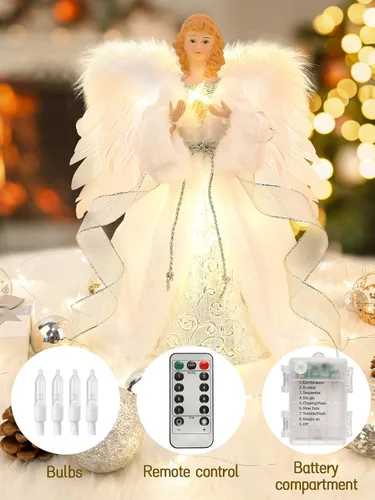Vista 5 de HOHOTIME Adorno para la Copa del Árbol de Ángel de 12'' con Alas de Plumas Blancas y Falda Plateada, Adorno para la Copa del Árbol de Navidad