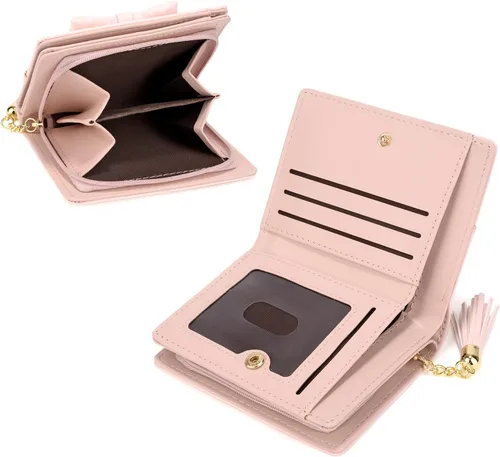 Vista 5 de UTO Cartera para niñas de piel sintética con colgante de gato con borla y cremallera, organizador de tarjetas para mujer, pequeño y lindo monedero