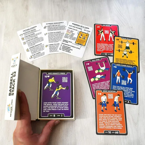 Vista 2 de Stack 52 Tarjetas de ejercicio con barra. Juego de cartas de levantamiento de pesas. Instrucciones en video incluidas. Culturismo, entrenamiento