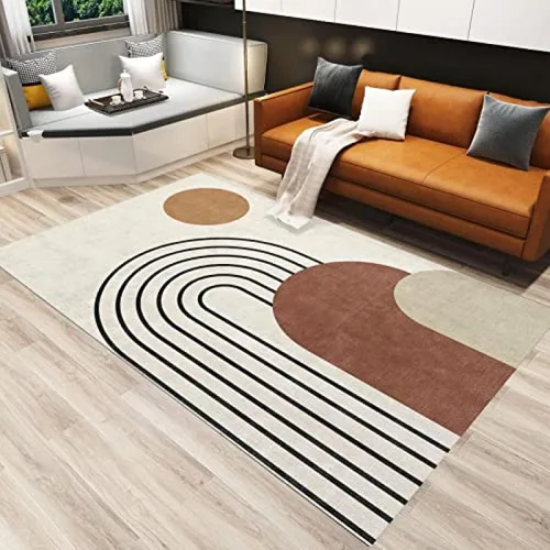 Vista 4 de Alfombra bohemia de mediados de siglo para sala de estar, alfombra grande con diseño geométrico bohemio, suave y antideslizante, de pelo bajo