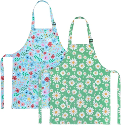 Vista 14 de Paquete de 2 delantales para niños, bonitos delantales de cocina, delantal de arte impermeable con bolsillos, delantal ajustable para pintores