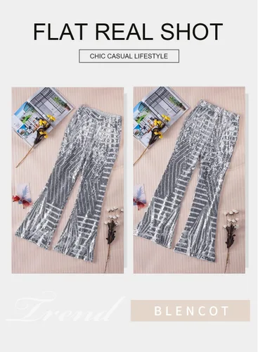 Vista 3 de BLENCOT - Pantalones palazzo de lentejuelas con brillantina para mujer, cintura alta, pierna ancha, con dobladillo acampanado para fiesta
